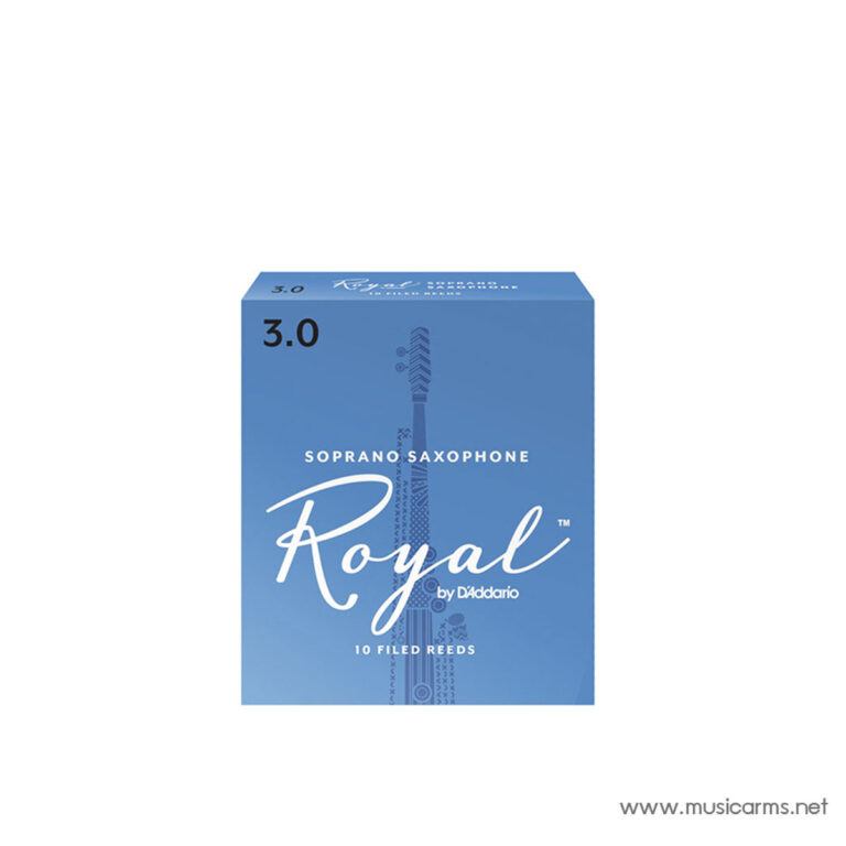 Blue box of Royal by D'Addario soprano saxophone reeds, size 3.0, packaging label reads '10 Filed Reeds' and 'Soprano Saxophone' ขายราคาพิเศษ