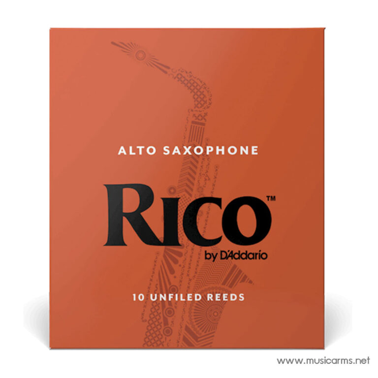 Orange box packaging for Rico alto saxophone reeds by D'Addario, labeled '10 Unfiled Reeds' with the large 'RICO' logo. ขายราคาพิเศษ