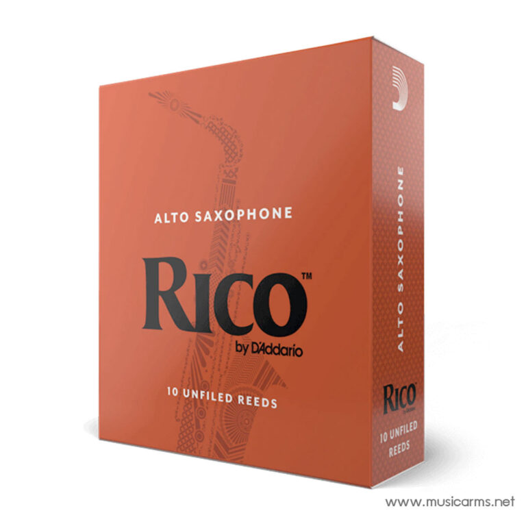 Orange Rico Alto Saxophone reeds box (10 unfiled reeds) with white 'RICO' logo and 'ALTO SAXOPHONE' text, angled on a white background ขายราคาพิเศษ