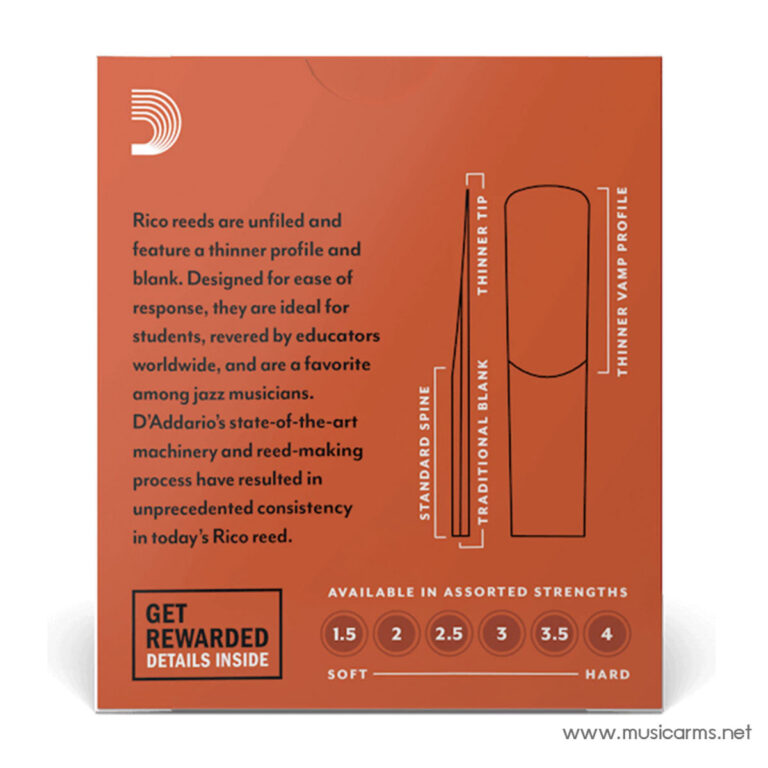 Orange packaging for Rico reeds displaying a diagram of reed profiles and text about thinner tip and traditional blank; shows available strengths 1.5–4. ขายราคาพิเศษ