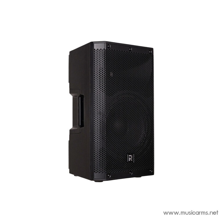Black portable PA speaker cabinet with a perforated metal grille and side handles. ขายราคาพิเศษ