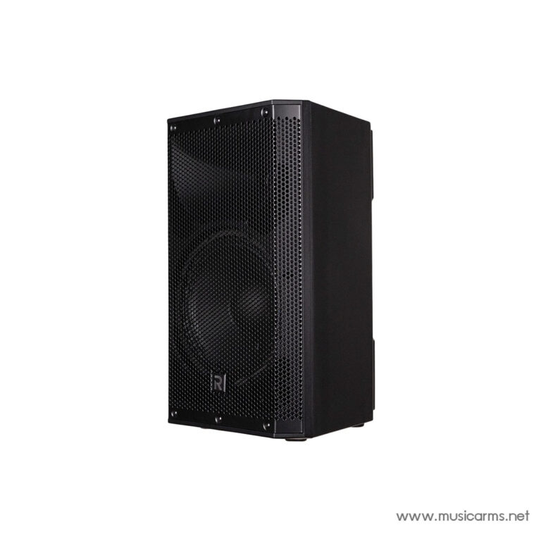 Front view of a black PA speaker with a perforated metal grille and a circular woofer, standing upright on the floor. ขายราคาพิเศษ