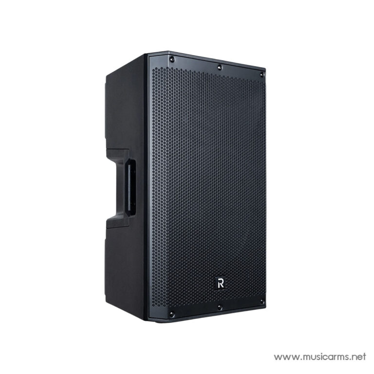 Professional black PA speaker cabinet with a perforated metal grille and small logo, shown at a slight angle against a white background. ขายราคาพิเศษ