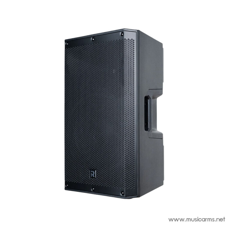 Tall black PA speaker cabinet with a perforated metal grille and a side handle on the right edge for grabbing during setup (no text shown). ขายราคาพิเศษ