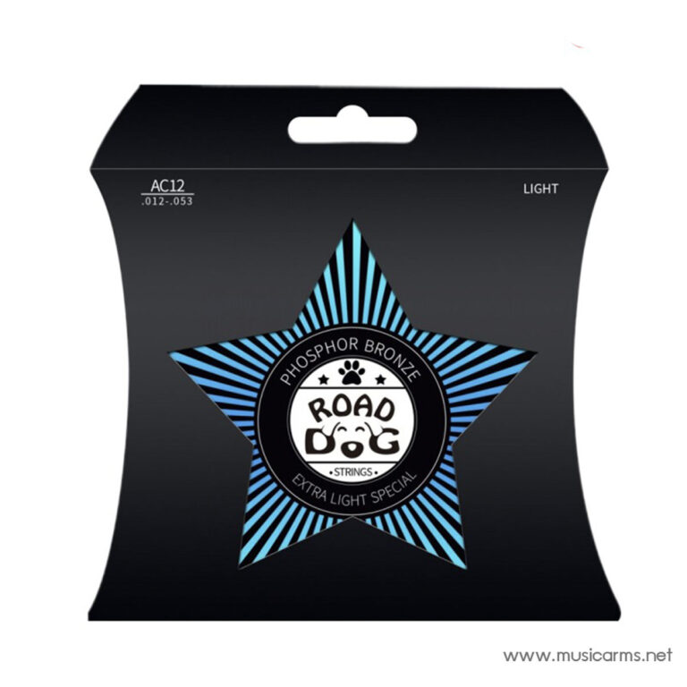 Package for Road Dog phosphor bronze guitar strings, extra light with a blue striped star design on a black background. ขายราคาพิเศษ