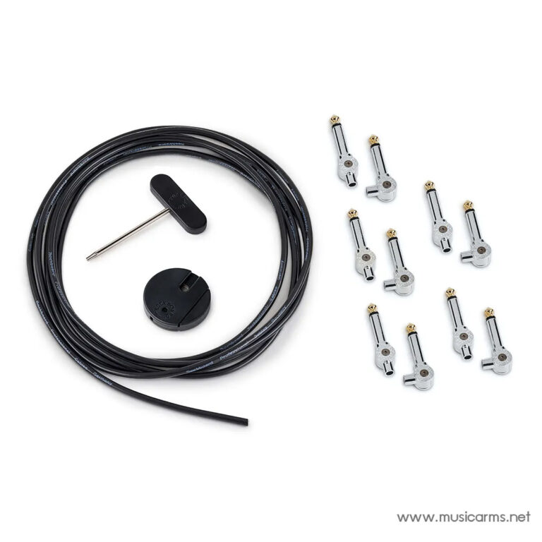Coiled black instrument cable with a small tuning/installation tool and a round end cap, accompanied by several chrome adapters with gold tips on the right side. ขายราคาพิเศษ