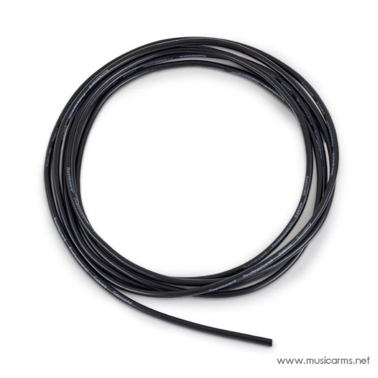 Coiled black audio cable with blue text on a white background. ขายราคาพิเศษ