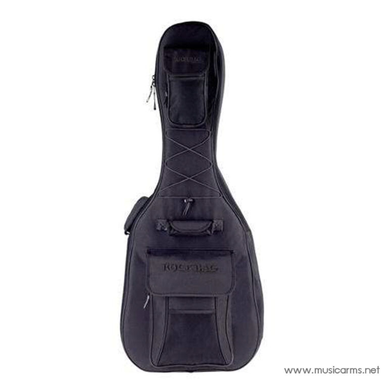 Black guitar case with multiple external pockets and a carrying handle, standing upright on a white background. ขายราคาพิเศษ