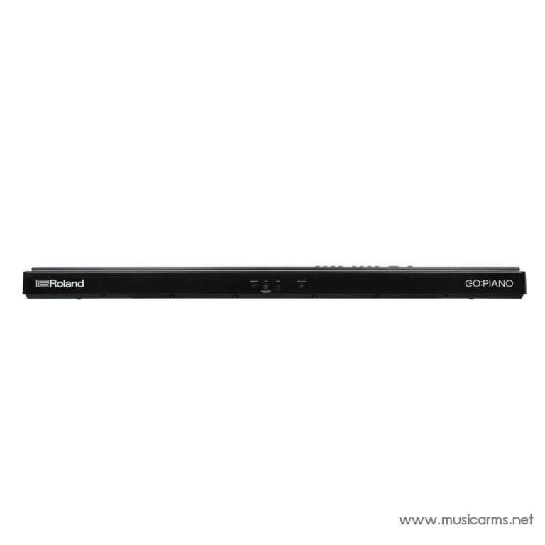 Side view of a black Roland GO:PIANO digital keyboard showing brand on the left and control surface on top edge ขายราคาพิเศษ