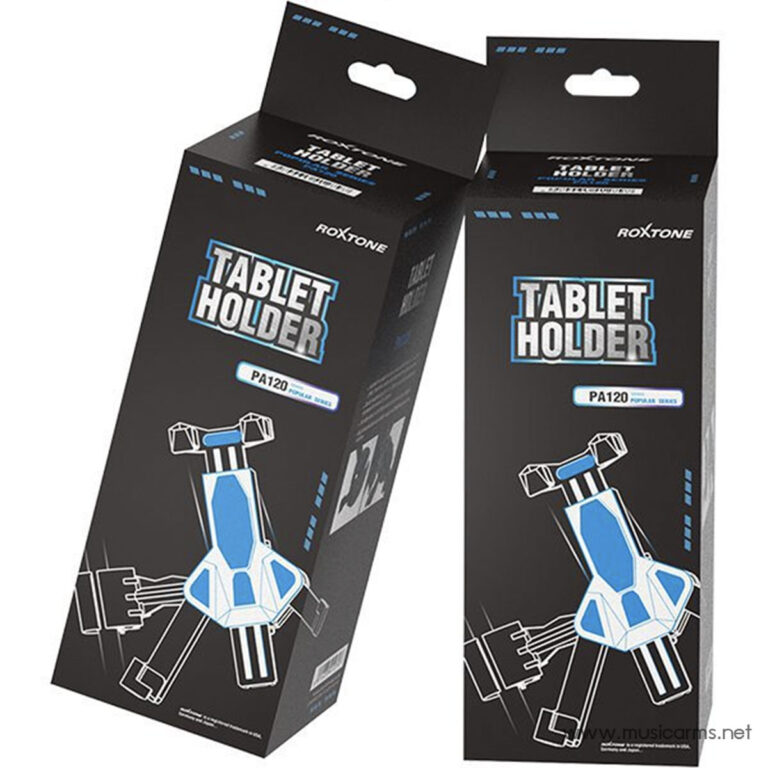 Packaging image for Roxtone Tablet Holder (PA120); two black boxes with blue and white device illustration on a dark background. ขายราคาพิเศษ