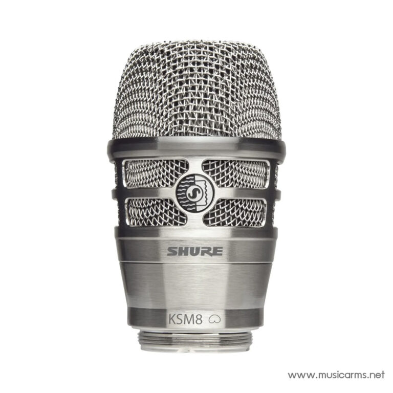Close-up of a Shure KSM8 vocal microphone with a metal mesh grille and silver body. ขายราคาพิเศษ
