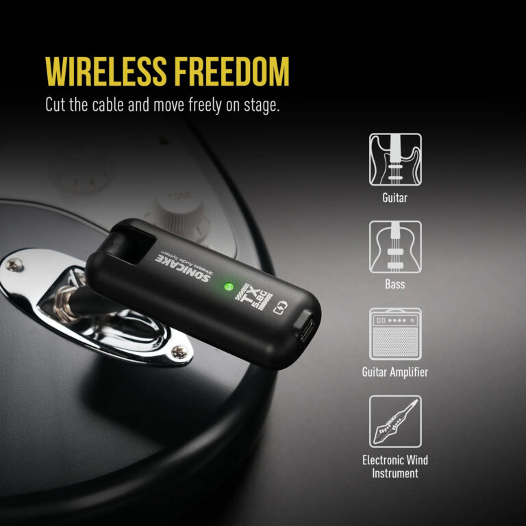 Wireless guitar transmitter connected to a guitar, promoting cable-free stage performance. ขายราคาพิเศษ