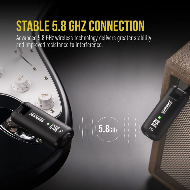 Wireless guitar transmitter and receiver attached to an amplifier, with the headline 'Stable 5.8 GHz Connection' ขายราคาพิเศษ