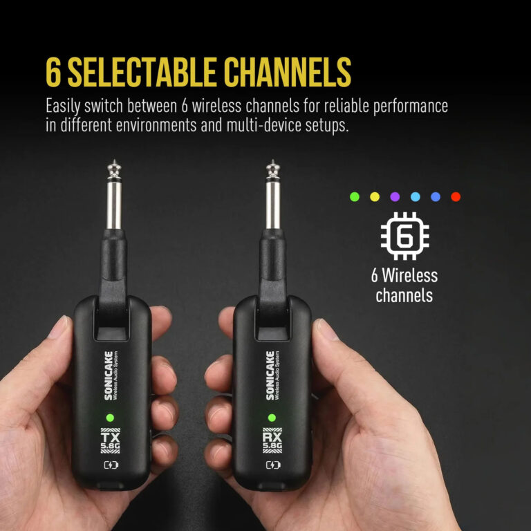 Two hands hold two wireless audio transmitters showing 6 selectable channels (colored dots) and the caption '6 SELECTABLE CHANNELS' above. ขายราคาพิเศษ