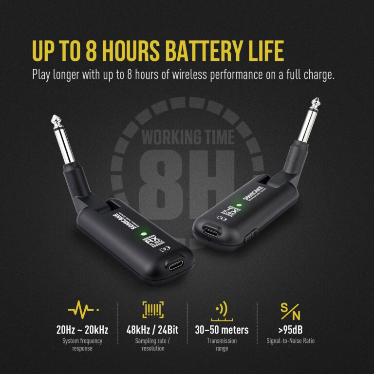 Wireless audio transmitters on a dark background with a bold 'Up to 8 hours battery life' headline and key specs below (frequency, sampling rate, range, SNR). ขายราคาพิเศษ