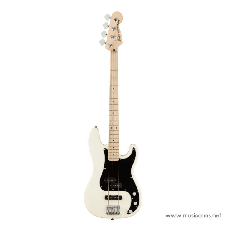 White solid-body electric bass guitar with a black pickguard and maple neck on a white background, four strings visible. ขายราคาพิเศษ
