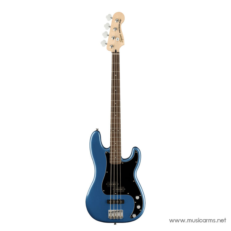 Blue electric bass guitar with black pickguard and chrome hardware on a white background, four strings visible. ขายราคาพิเศษ
