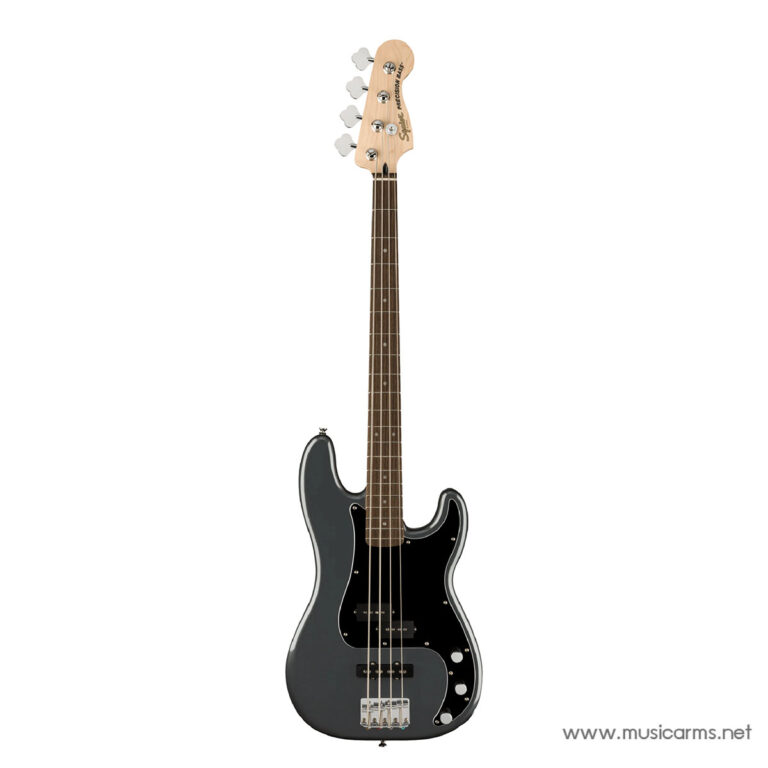 Electric bass guitar with dark gray body, black pickguard, maple neck, and four strings (Squier Precision Bass). ขายราคาพิเศษ