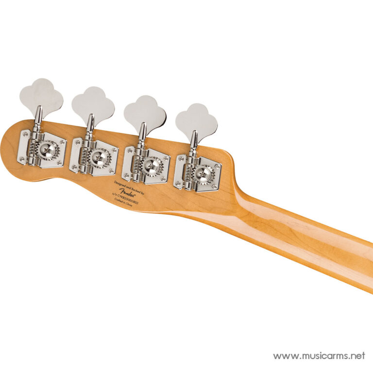 Back view of a guitar headstock with four chrome tuning pegs on an orange neck, viewed from the rear. ขายราคาพิเศษ