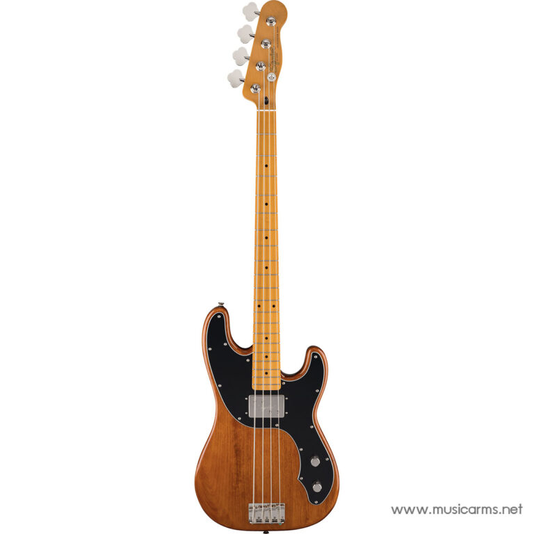 Electric bass guitar with a sunburst wood finish, maple neck, and black pickguard on chrome hardware. ขายราคาพิเศษ