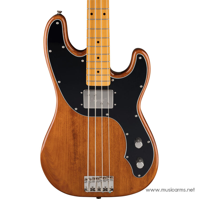 Natural wood electric bass guitar with a black pickguard, maple neck, and four strings. ขายราคาพิเศษ