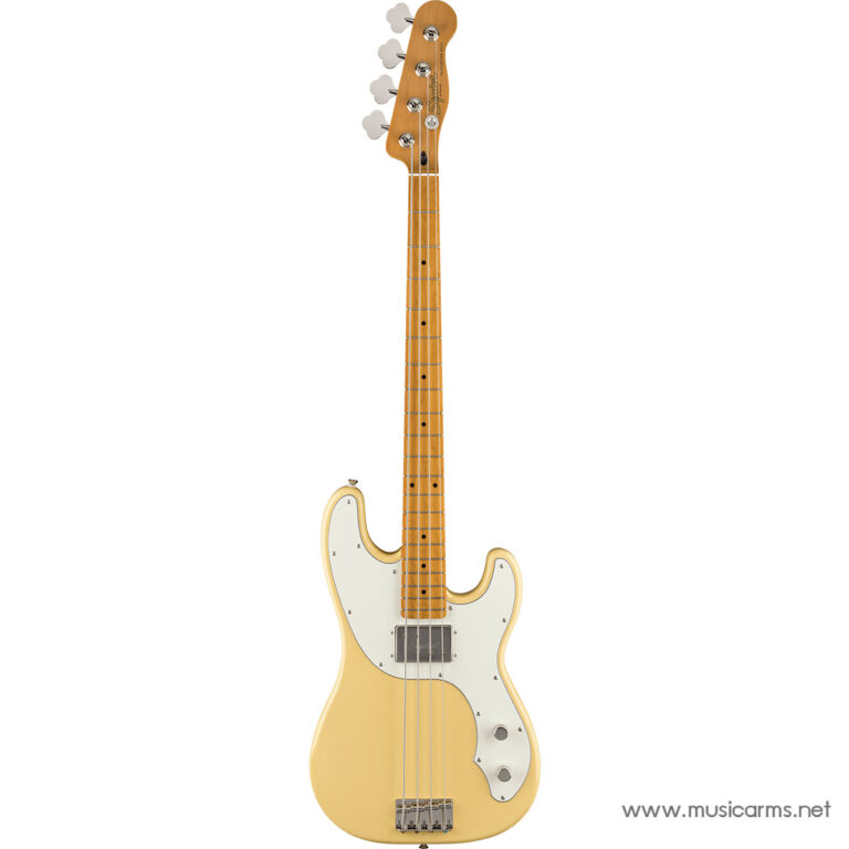 Yellow electric bass guitar with a white pickguard, maple neck, and four strings against a white background. ขายราคาพิเศษ