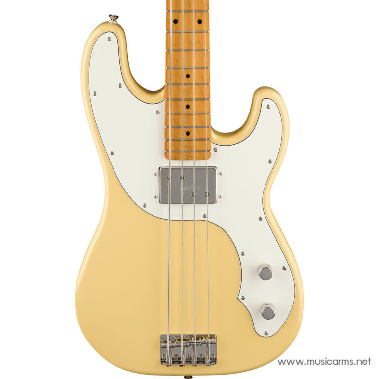 Yellow solid-body four-string electric bass guitar with a white pickguard and maple neck, viewed front-on on a white background. ขายราคาพิเศษ