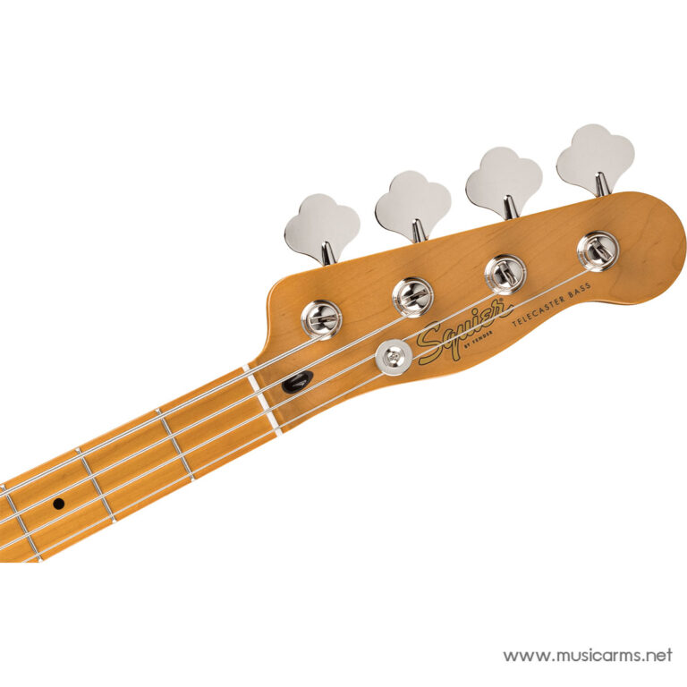 Close-up of a bass guitar headstock in orange wood with four tuning pegs and 'Squier by Fender Telecaster Bass' logo on the headstock by the neck edge. ขายราคาพิเศษ