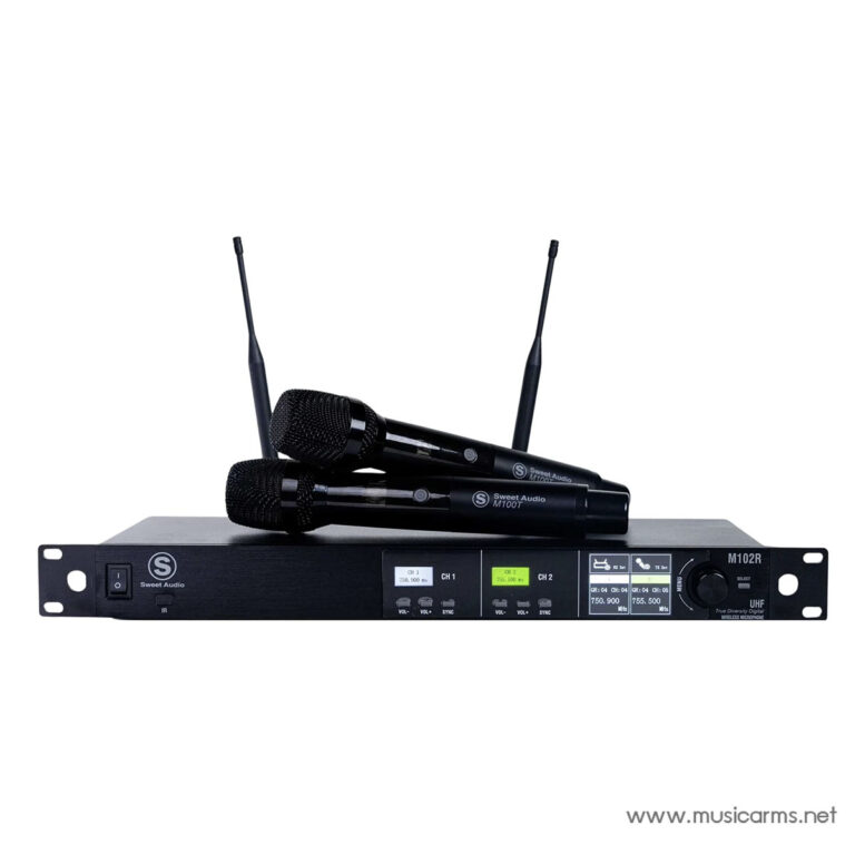 Rack-mount wireless microphone receiver with two handheld mics resting on top and two antennas extended upward ขายราคาพิเศษ