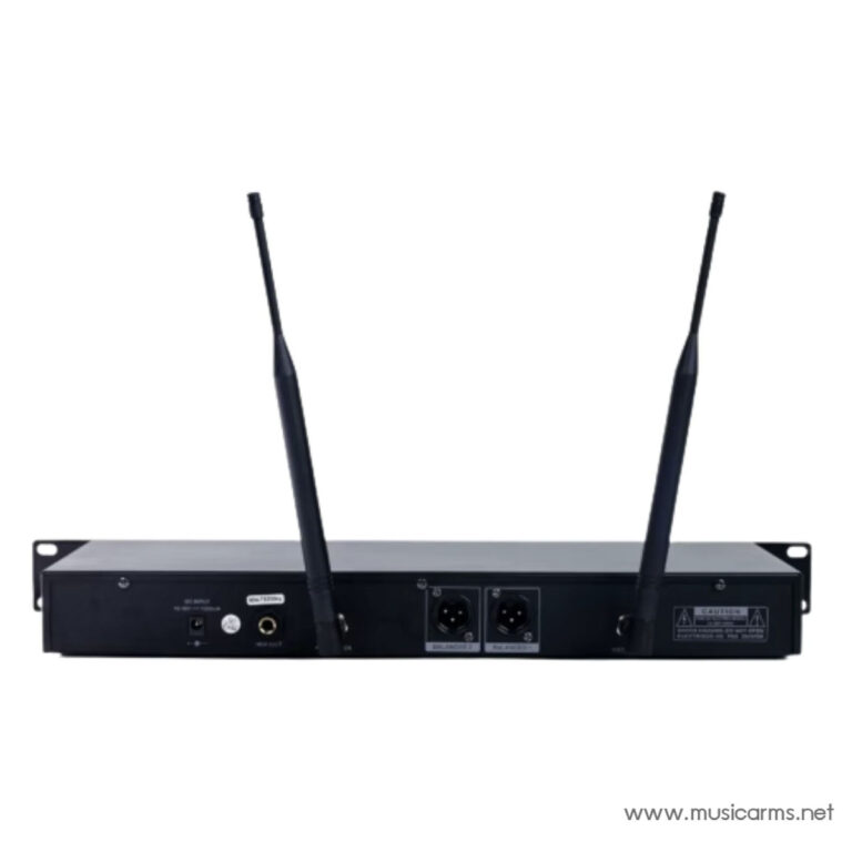 Rear view of a 19-inch dual-antenna wireless microphone receiver, showing two external antennas, XLR outputs, and power connector on the back panel ขายราคาพิเศษ