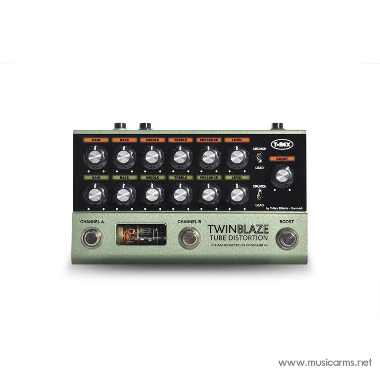 TwinBlaze Tube Distortion guitar pedal by T-Rex in green, with rows of knobs and two footswitches labeled Channel A/B and Boost ขายราคาพิเศษ