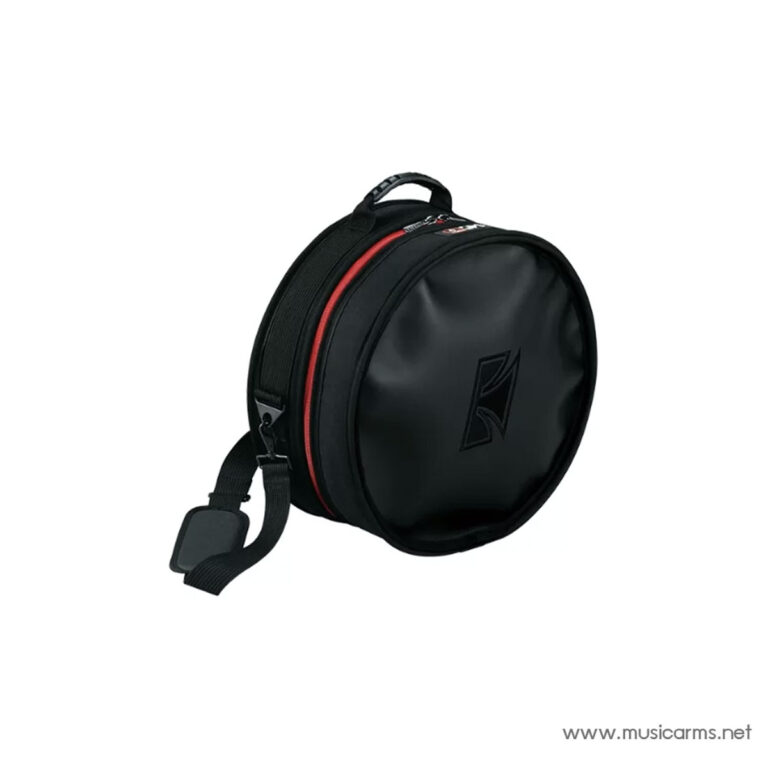 Round black drum-shaped bag with red zipper and adjustable shoulder strap, branded logo on front, leaning on a white background. ขายราคาพิเศษ