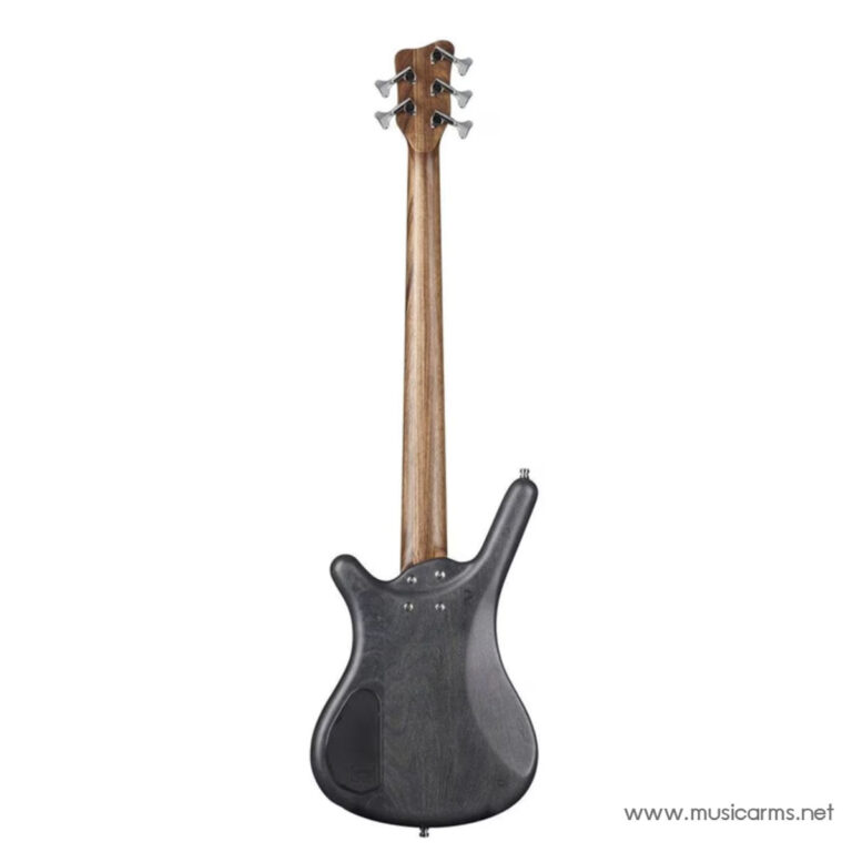 Back view of a black electric bass guitar with a wooden neck on a white background. ขายราคาพิเศษ