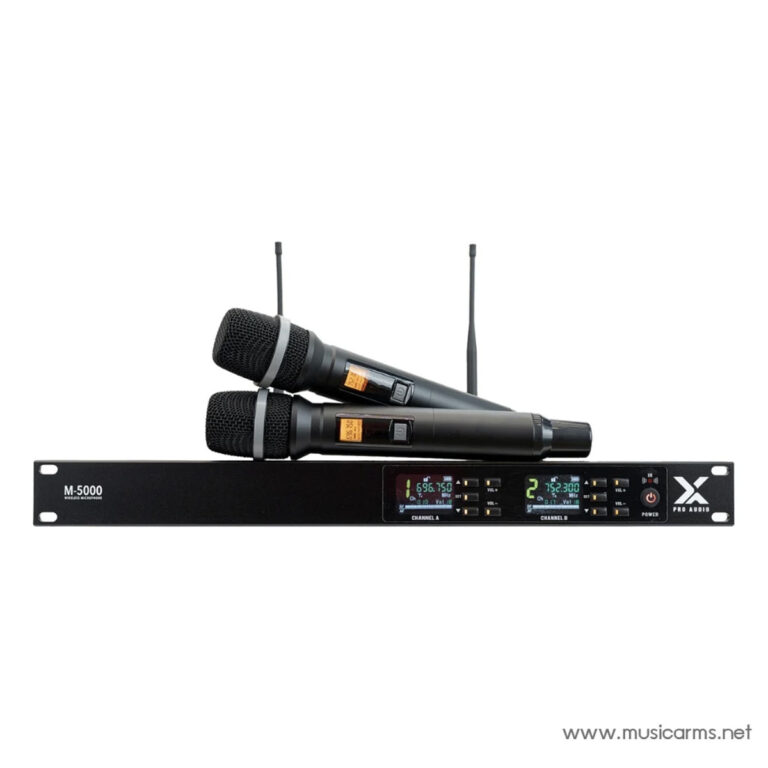 Wireless microphone receiver with two handheld mics (M-5000) and external antennas on a rack-mount unit. ขายราคาพิเศษ