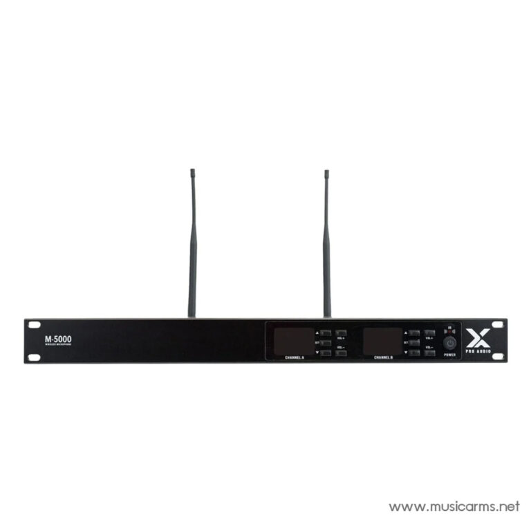 Dual-channel wireless microphone receiver (M-5000) with two antennas and front-panel controls. ขายราคาพิเศษ