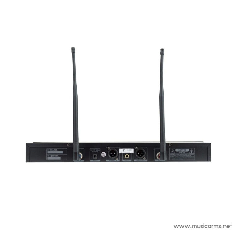 Rear view of a wireless audio receiver with two external antennas and multiple input/output ports. ขายราคาพิเศษ