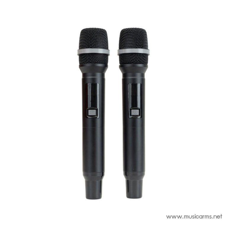 Two black wireless handheld microphones standing upright side by side, showing their grills and power switches on the bodies. ขายราคาพิเศษ