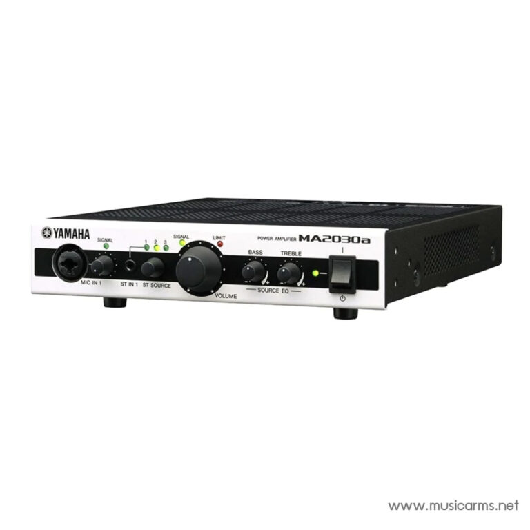 Front view of a Yamaha MA2030a stereo power amplifier with volume, bass, treble knobs and power switch on a white faceplate ขายราคาพิเศษ