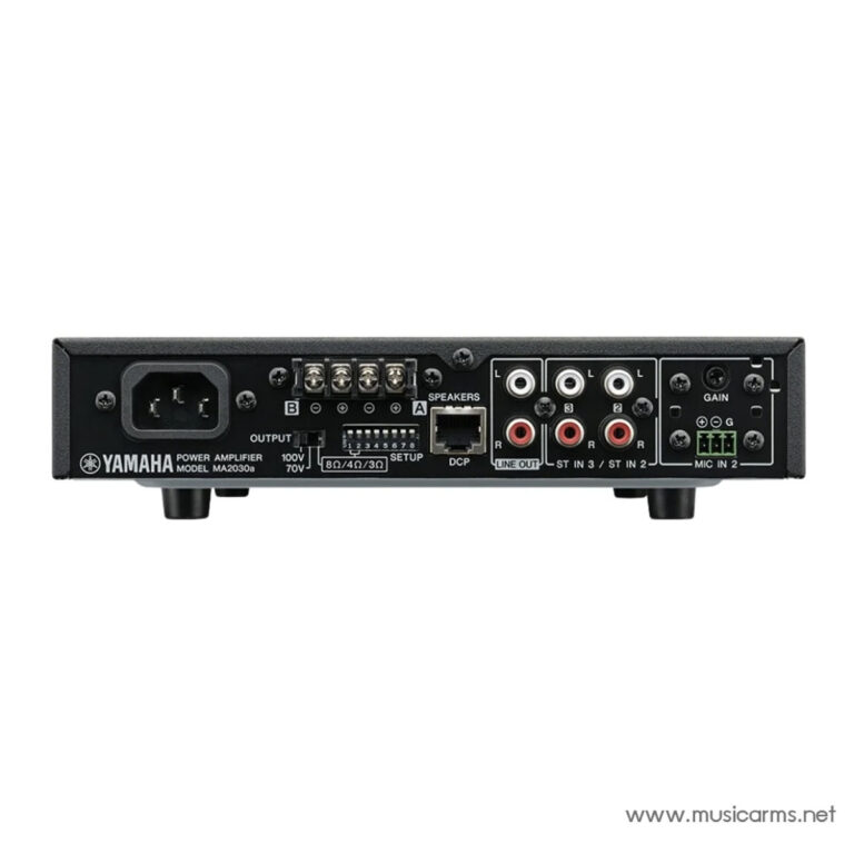 Rear panel of Yamaha power amplifier MA2030a showing power inlet, speaker terminals, line outputs, input jacks, mic inputs, and gain control. ขายราคาพิเศษ