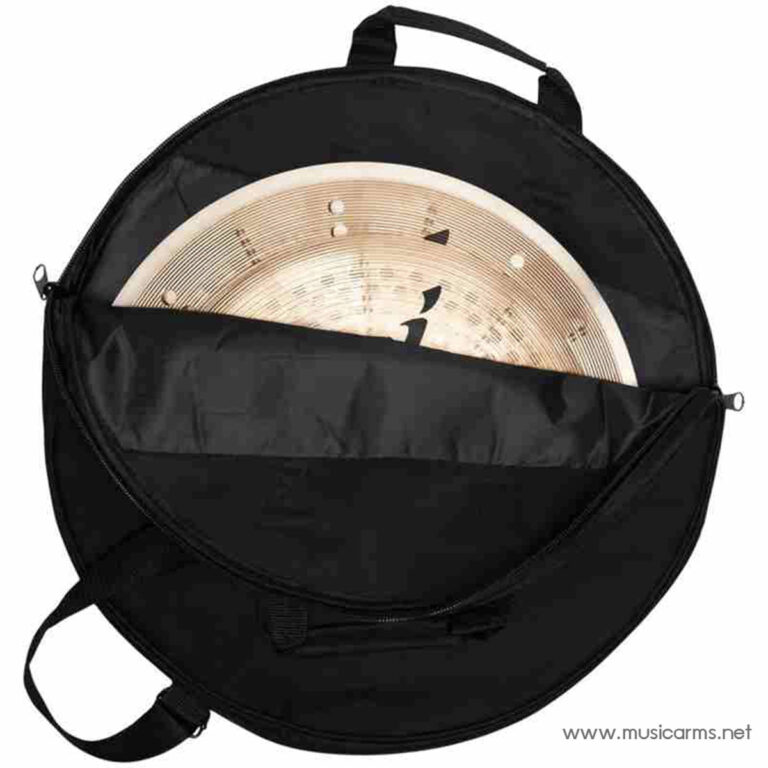 Circular black cymbal case with a bronze cymbal partially visible inside the zipper opening ขายราคาพิเศษ