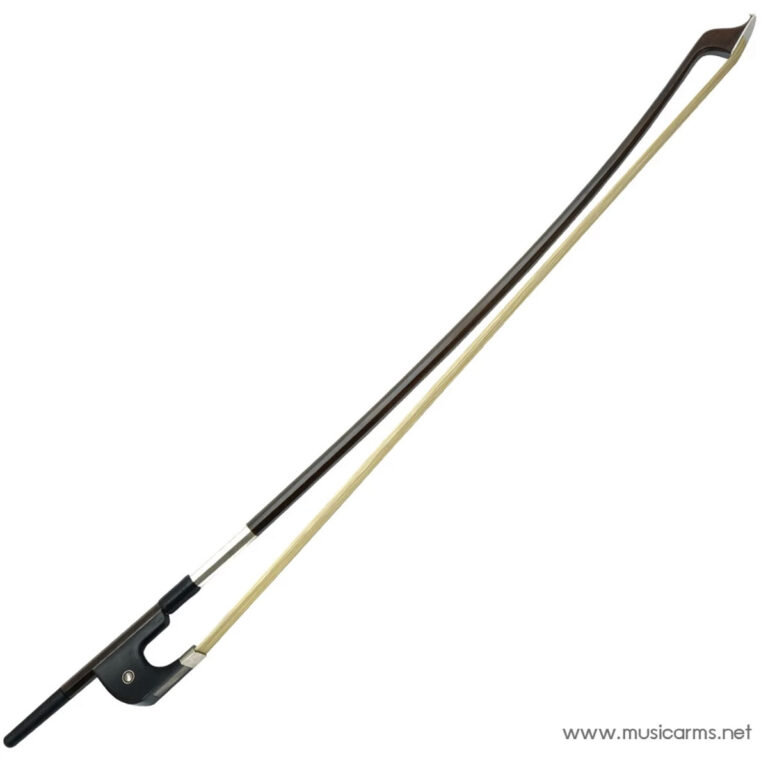 Violin bow with dark brown stick and light horsehair, shown diagonally on a white background. ขายราคาพิเศษ