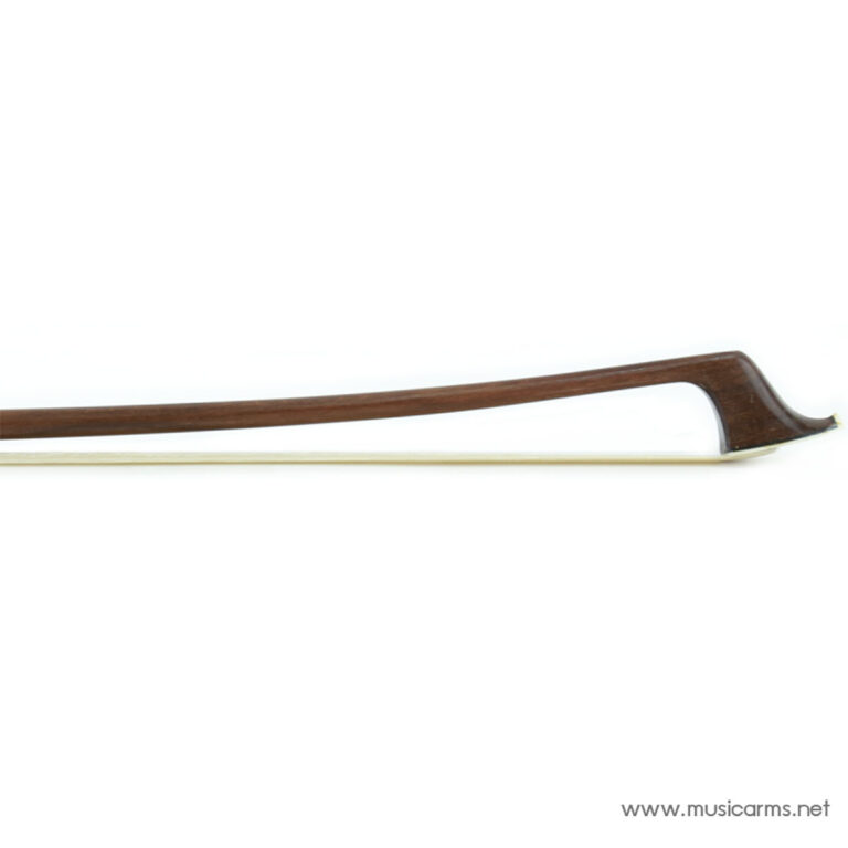 Wooden violin bow lying horizontally on a white background, showing the curved tip end on the right. ขายราคาพิเศษ