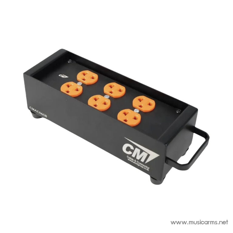 Compact black power distribution unit with six orange circular outlets and a side carrying handle. ขายราคาพิเศษ