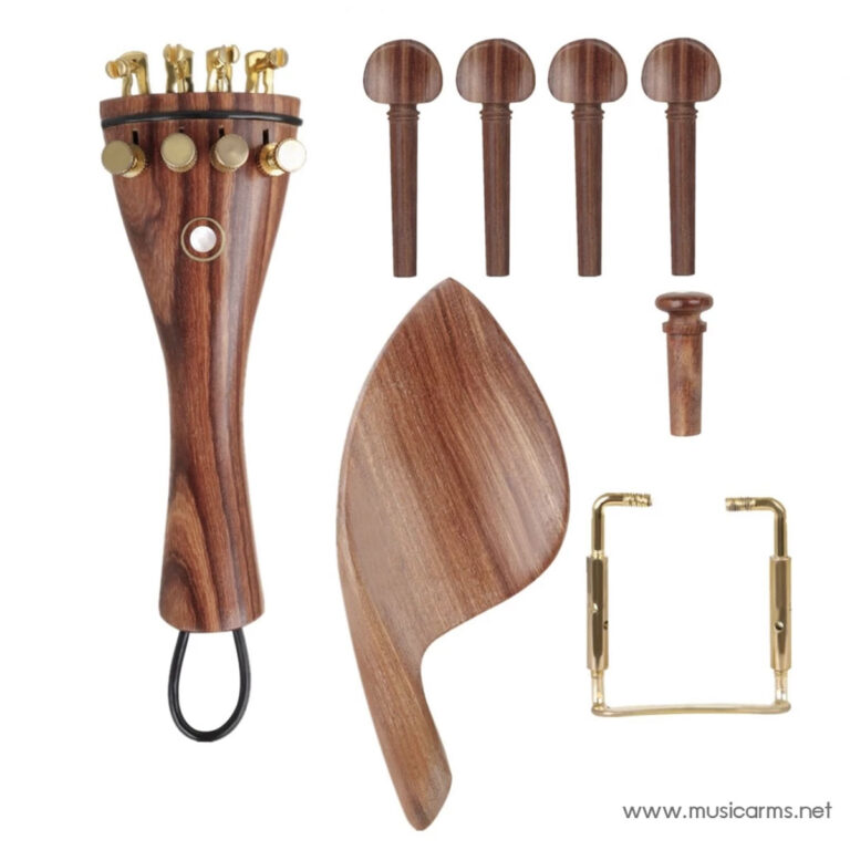 Wooden bagpipe components: bag, chanter, four drone pipes, mouthpiece stem, and accessory pieces laid out. ขายราคาพิเศษ