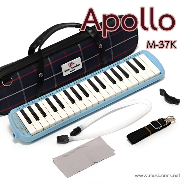 Apollo M-37K 37-key melodica with blue body, plaid case, and accessories (pump, strap, cleaning cloth) nearby ขายราคาพิเศษ