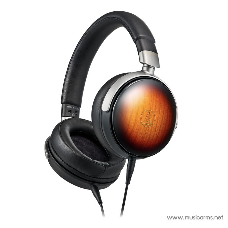 Over-ear wired headphones with black padding and warm wood-toned ear cups, silver accents, and a connected cable. ขายราคาพิเศษ