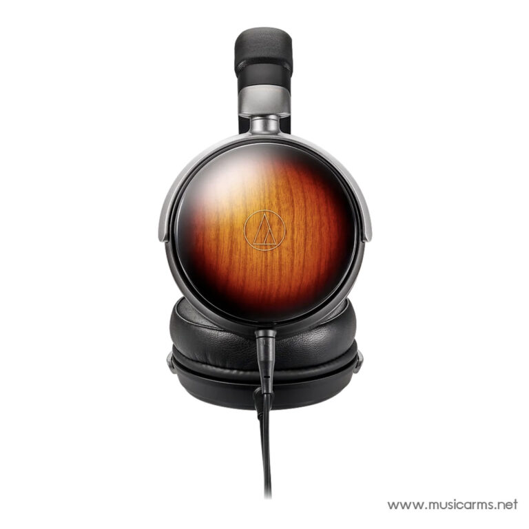 Over-ear headphones with a dark wood finish on the ear cup, black cushioned headband, and hanging cable, viewed from the front. ขายราคาพิเศษ