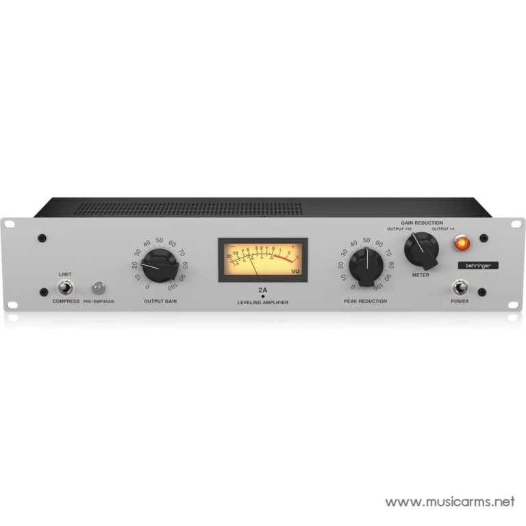 Behringer 2A leveling amplifier in a rackmount unit with a centered VU meter and multiple control knobs (Output Gain, Peak Reduction, Meter) and power LED on the right. ขายราคาพิเศษ