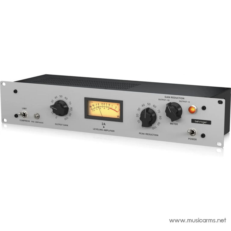 Rackmount audio compressor/limiter with VU meter and two large knobs labeled Output Gain and Peak Reduction, Behringer branding on right, power and status LEDs visible. ขายราคาพิเศษ