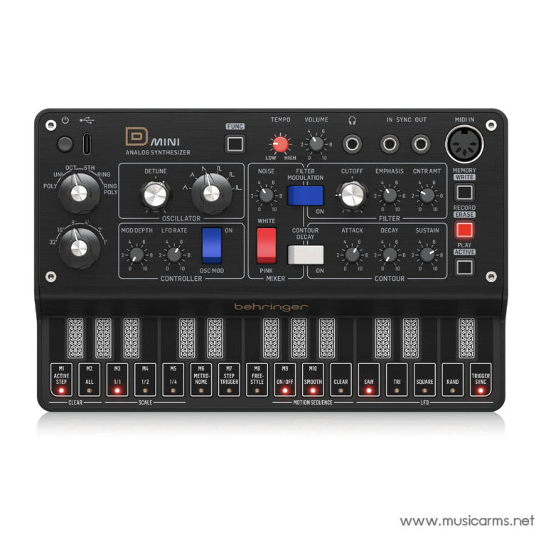 Behringer D-Mini analog synthesizer front panel with many knobs and a row of touch pads/pads and a small keyboard strip below. ขายราคาพิเศษ